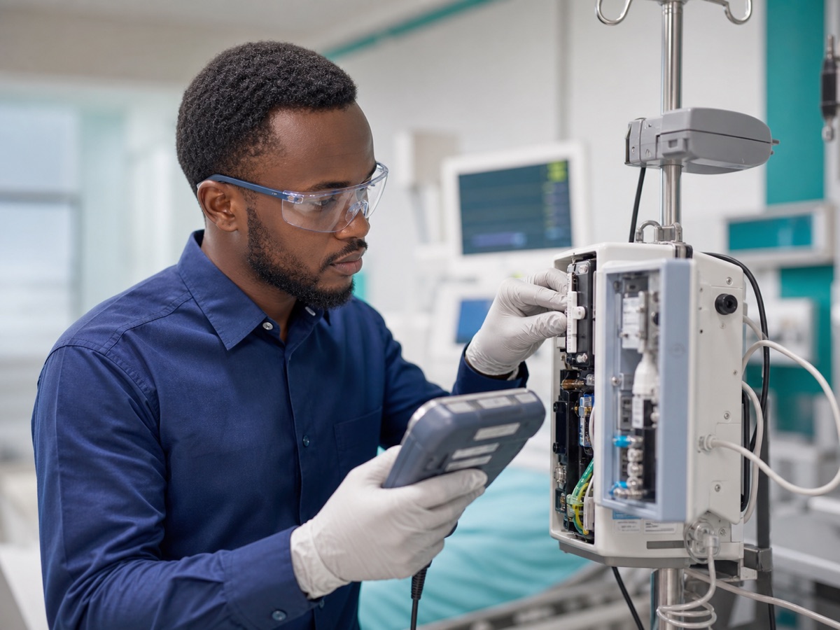 African biomedical engineer servicing medical equipment