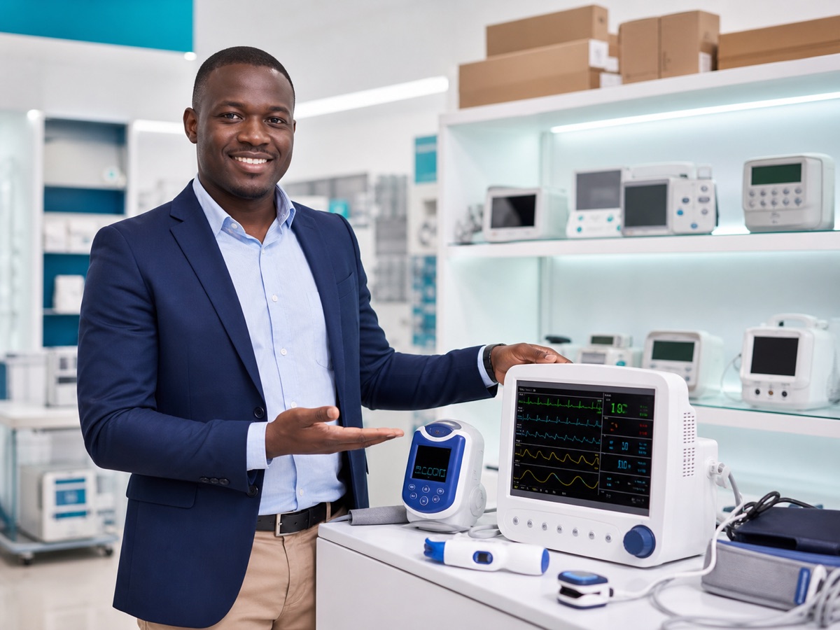 African medical equipment supplier in a showroom